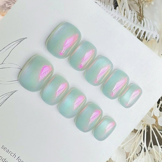 Handmade Pink Mermaid Aurora Clear Jade Cyan Mint Blue Glass Bead Cat Eye Press On Nails Aurora Nails