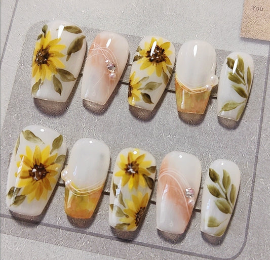 Handmade Hand Painting Watercolor Yellow Sunflower Flower Press On Nails Elegant Nails