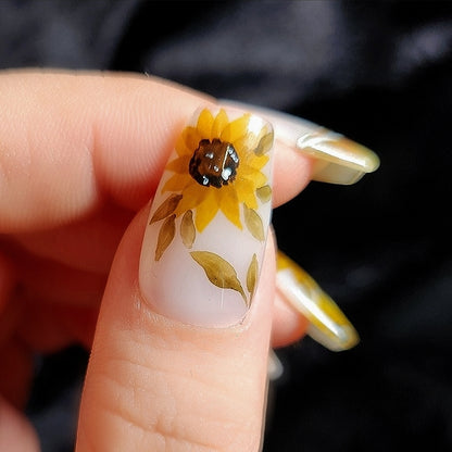Handmade Hand Painting Watercolor Yellow Sunflower Flower Press On Nails Elegant Nails