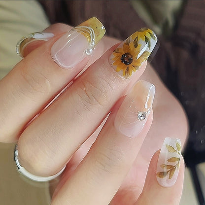 Handmade Hand Painting Watercolor Yellow Sunflower Flower Press On Nails Elegant Nails