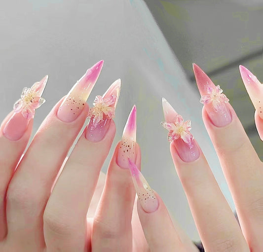 Handmade 3D Ice Pink Lily Flower Pink Creamy Ombre Press On Nails Wedding Nails