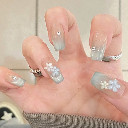 Handmade Mambo Mint Green Mint Blue Glitter Cat Eye 3D Flower Press On Nails Elegant Nails Cat Eye Nails Wedding Nails Spring Summer Nails