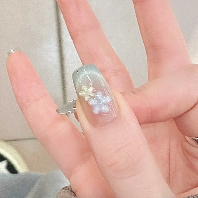 Handmade Mambo Mint Green Mint Blue Glitter Cat Eye 3D Flower Press On Nails Elegant Nails Cat Eye Nails Wedding Nails Spring Summer Nails