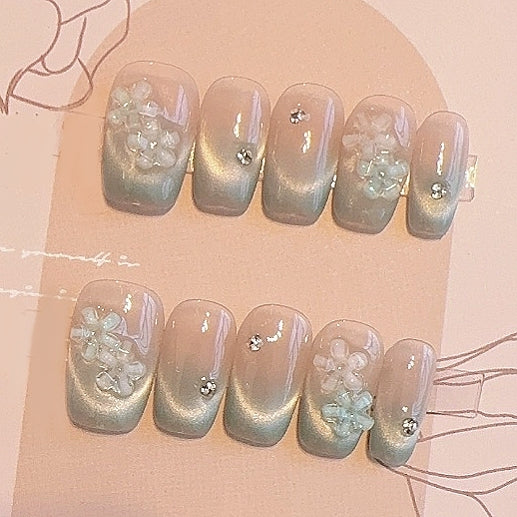 Handmade Mambo Mint Green Mint Blue Glitter Cat Eye 3D Flower Press On Nails Elegant Nails Cat Eye Nails Wedding Nails Spring Summer Nails