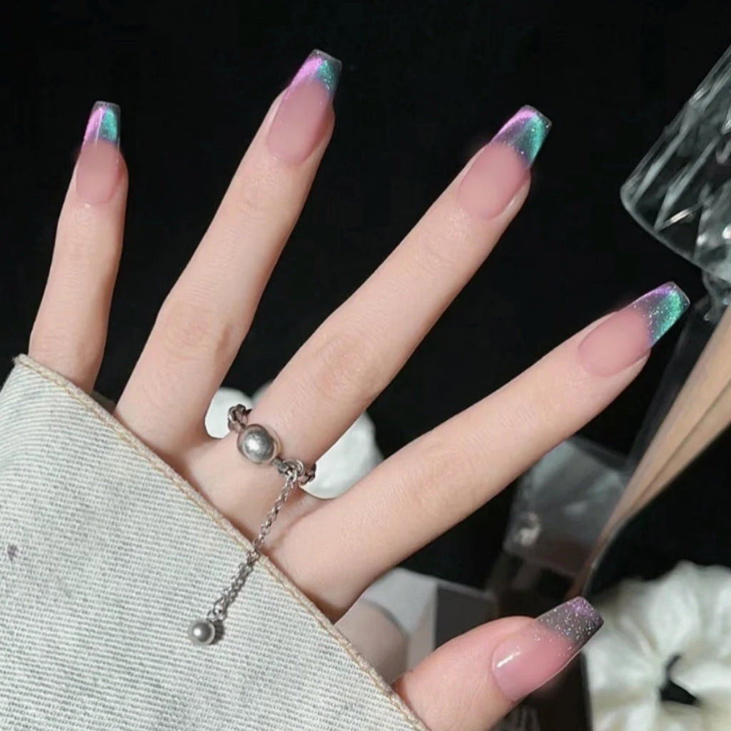 Handmade Galaxy Pink Cyan Double Cat Eye Aurora Fireworks Press On Nails Ombre Nails Cat Eye Nails Aurora Nails Press Ons