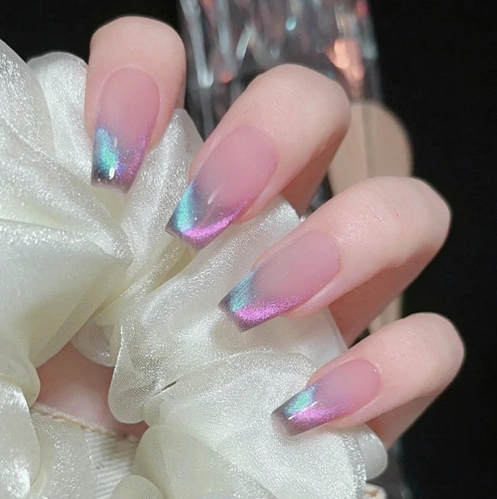 Handmade Galaxy Pink Cyan Double Cat Eye Aurora Fireworks Press On Nails Ombre Nails Cat Eye Nails Aurora Nails Press Ons