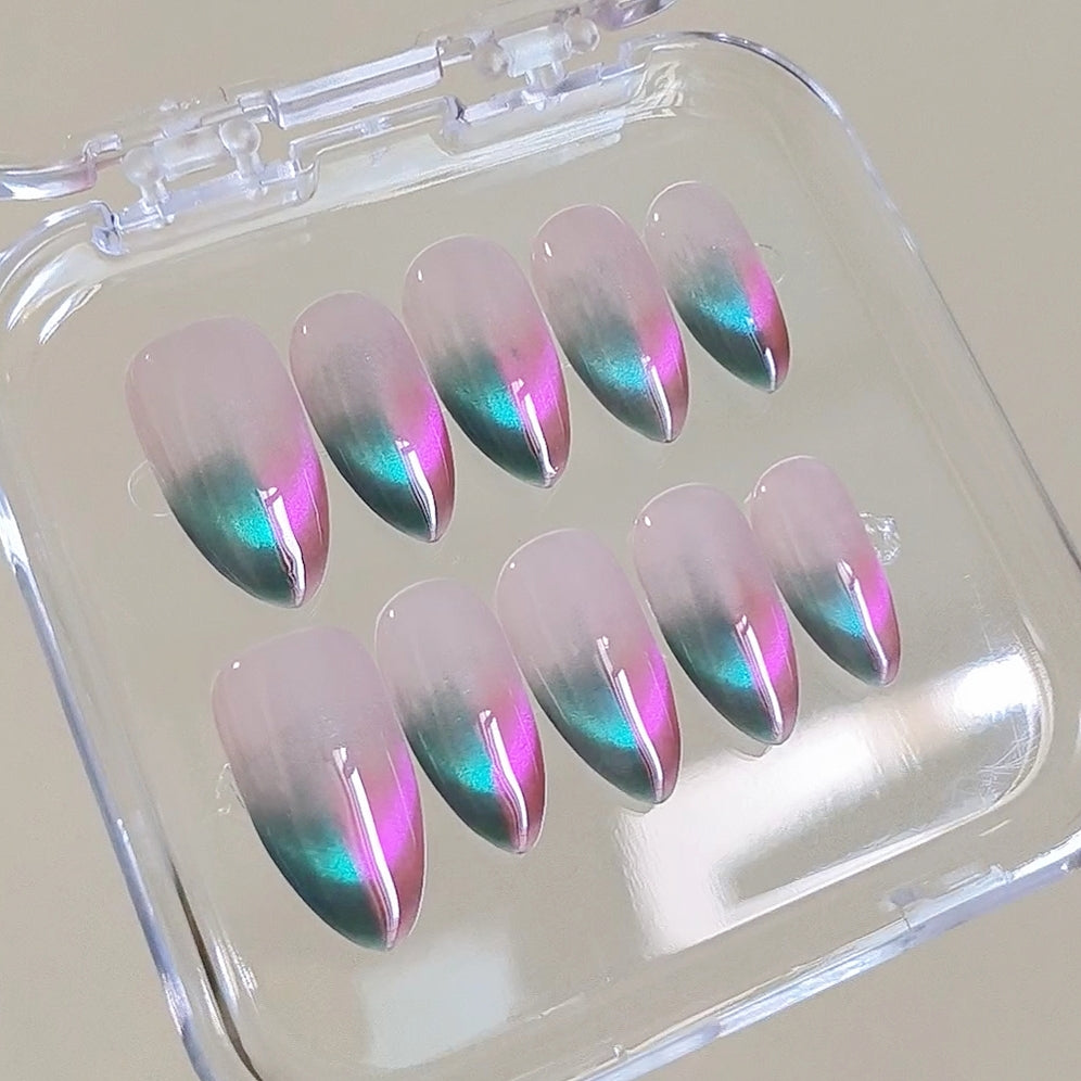 Handmade Galaxy Pink Cyan Double Cat Eye Aurora Fireworks Press On Nails Ombre Nails Cat Eye Nails Aurora Nails Press Ons