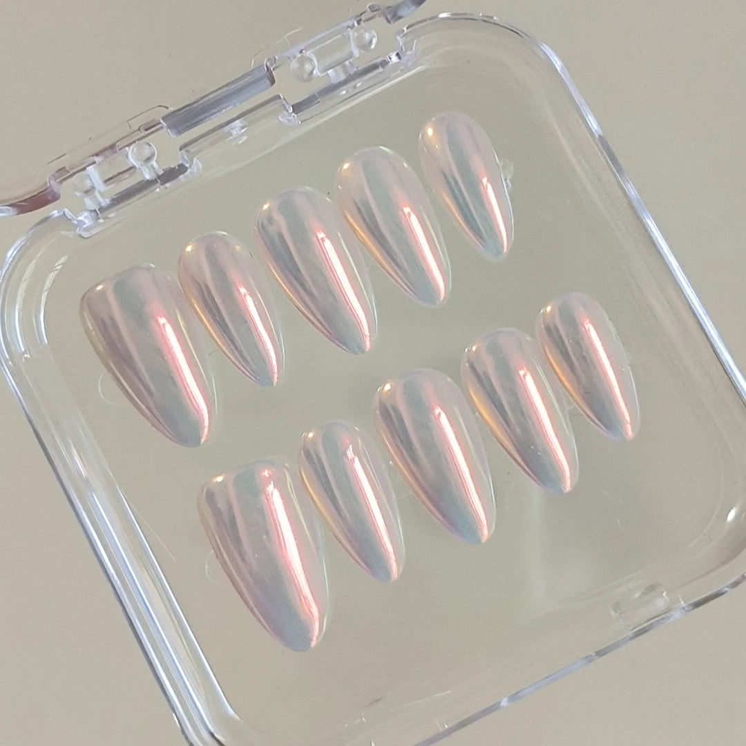 Handmade Pearl Shell Nude Pink Light Gold Aurora Reflective Mirror Glitter Press On Nails