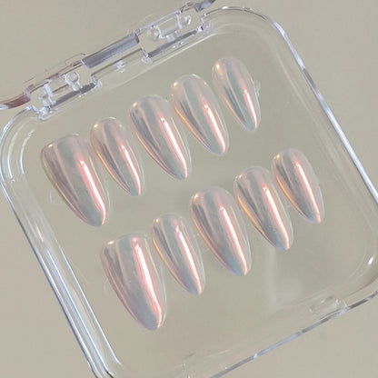 Handmade Pearl Shell Nude Pink Light Gold Aurora Reflective Mirror Glitter Press On Nails