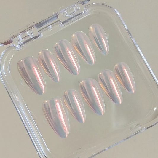 Handmade Pearl Shell Nude Pink Light Gold Aurora Reflective Mirror Glitter Press On Nails