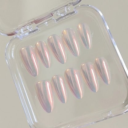 Handmade Pearl Shell Nude Pink Light Gold Aurora Reflective Mirror Glitter Press On Nails