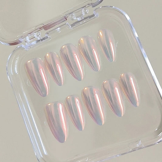Handmade Pearl Shell Nude Pink Light Gold Aurora Reflective Mirror Glitter Press On Nails