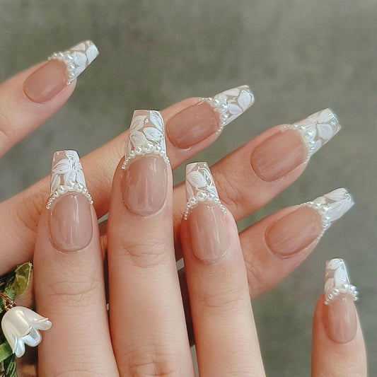 Handmade Hand-Painted White Flower Pearl French Bride Wedding Press On Nails Wedding Nails Flower Nails Hand-Painted Nails Bride Nails