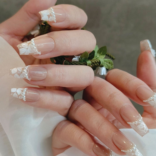 Handmade Hand-Painted White Flower Pearl French Bride Wedding Press On Nails Wedding Nails Flower Nails Hand-Painted Nails Bride Nails