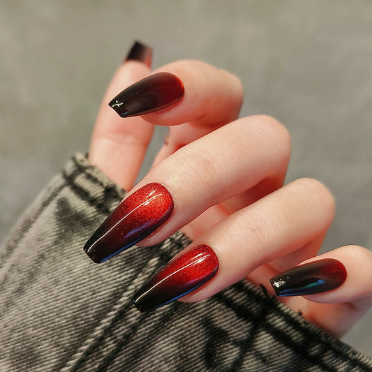 Handmade Black Ombre Red Glitter Glass Bead Cat Eye Press On Nails Cat Eye Nails New Year Nails Goth Halloween Nails