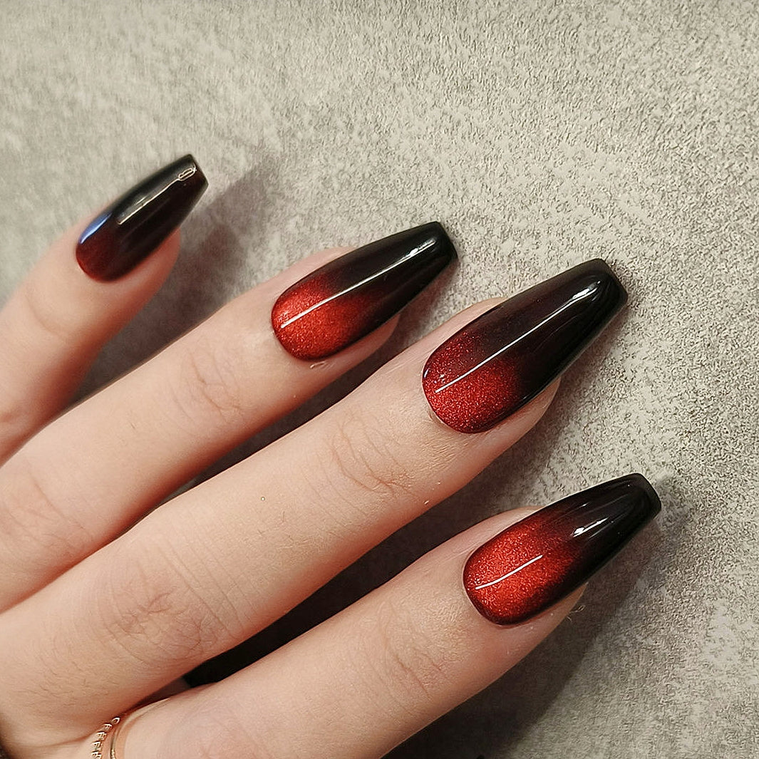 Handmade Black Ombre Red Glitter Glass Bead Cat Eye Press On Nails Cat Eye Nails New Year Nails Goth Halloween Nails