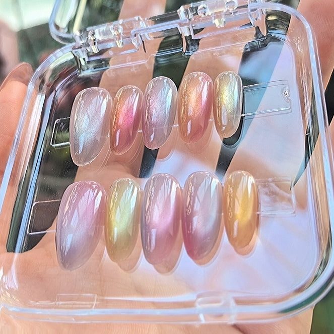 Handmade Summer Candy Rainbow Colorful Glass Bead Cat Eye Press On Nails Cat Eye Nails Dopamine Nails Glass Bead Nails Rainbow Nails