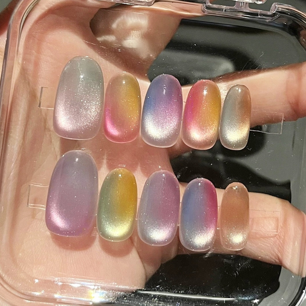Handmade Summer Candy Rainbow Colorful Glass Bead Cat Eye Press On Nails Cat Eye Nails Dopamine Nails Glass Bead Nails Rainbow Nails
