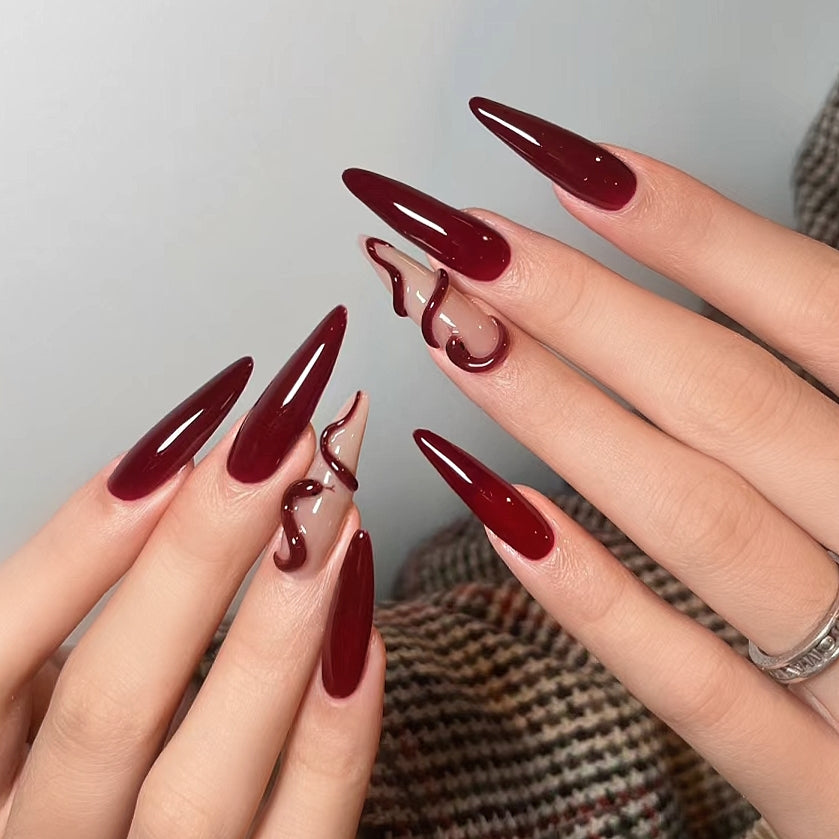Handmade Dark Blood Red Snake Halloween Press On Nails Snake Nails Goth Nails Red Nails Halloween Nails