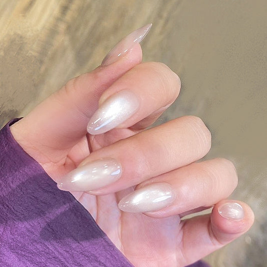 Handmade Nude Base Crystal White Light Bulb Cat Eye Press On Nails Cat Eye Nails Moonlight Nails Light Bulb Nails Glass Bead Nails