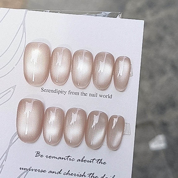 Handmade Nude Base Crystal White Light Bulb Cat Eye Press On Nails Cat Eye Nails Moonlight Nails Light Bulb Nails Glass Bead Nails