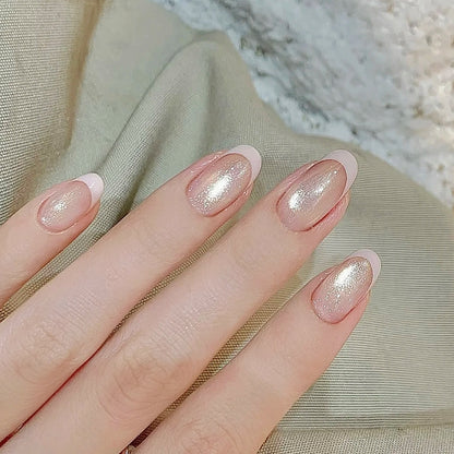 Handmade Pink French Chasing Light Glitter Cat Eye Press On Nails