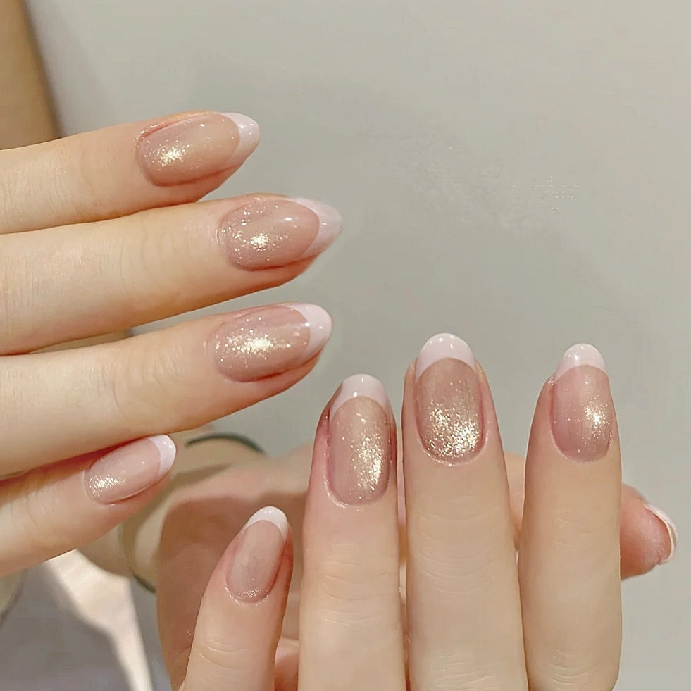 Handmade Pink French Chasing Light Glitter Cat Eye Press On Nails Cat Eye Nails Moonlight Cat Eye