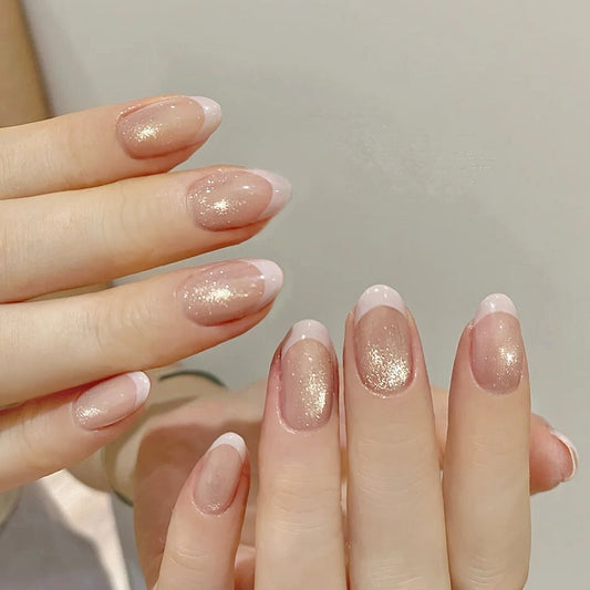 Handmade Pink French Chasing Light Glitter Cat Eye Press On Nails