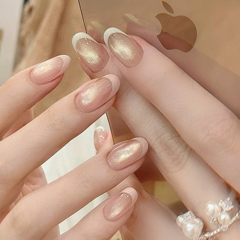 Handmade Pink French Chasing Light Glitter Cat Eye Press On Nails Cat Eye Nails Moonlight Cat Eye