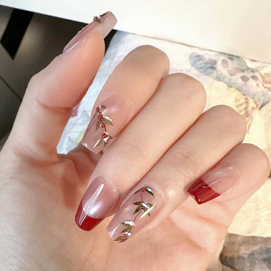 Handmade Hand-Painted Red Fruit French Cat Eye Red Beans Press On Nails Red Nails Cheery Nails Red Beans Nails Christmas Nails