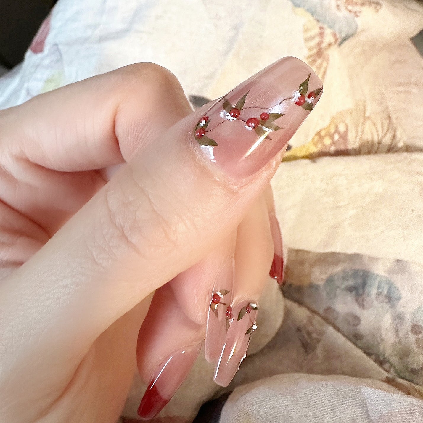 Handmade Hand-Painted Red Fruit French Cat Eye Red Beans Press On Nails Red Nails Cheery Nails Red Beans Nails Christmas Nails