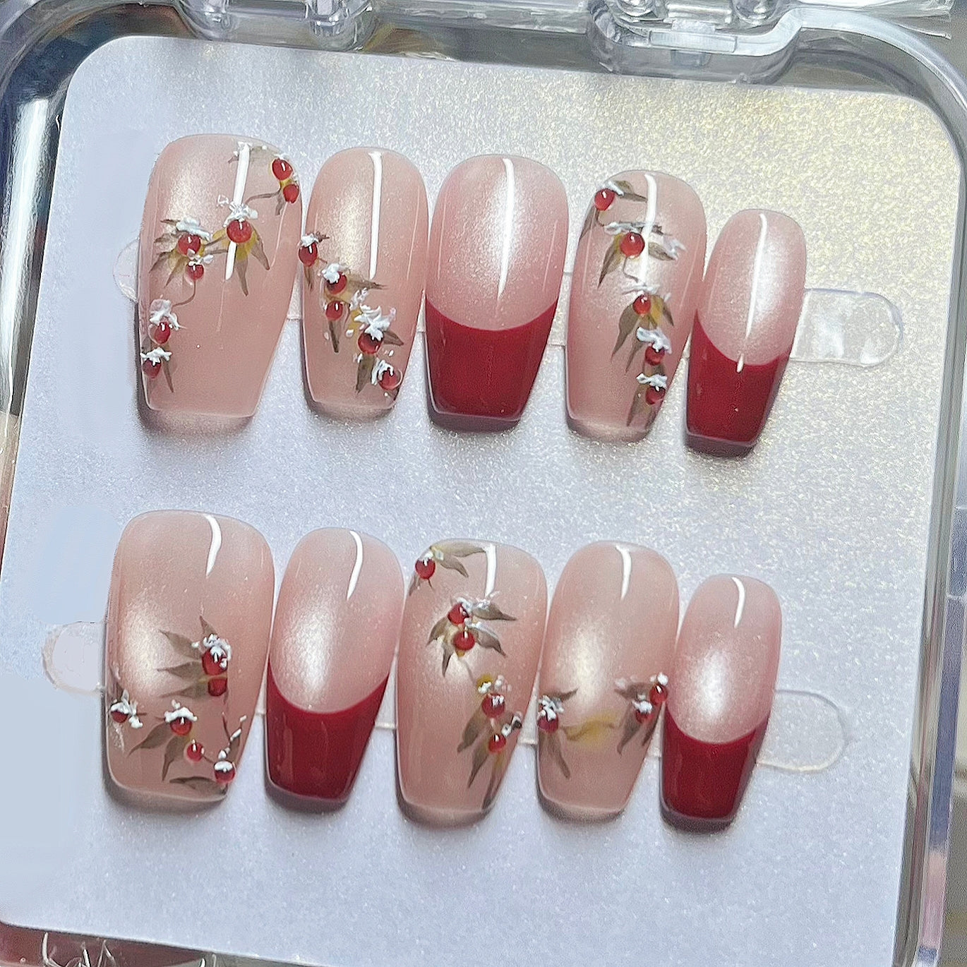 Handmade Hand-Painted Red Fruit French Cat Eye Red Beans Press On Nails Red Nails Cheery Nails Red Beans Nails Christmas Nails