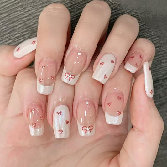 Handmade Pearl White French Red Heart Star Bow Press On Nails Bow Nails Pearl Powder Nails Pearl Whit Nails Cute Nails Nails Christmas Nails