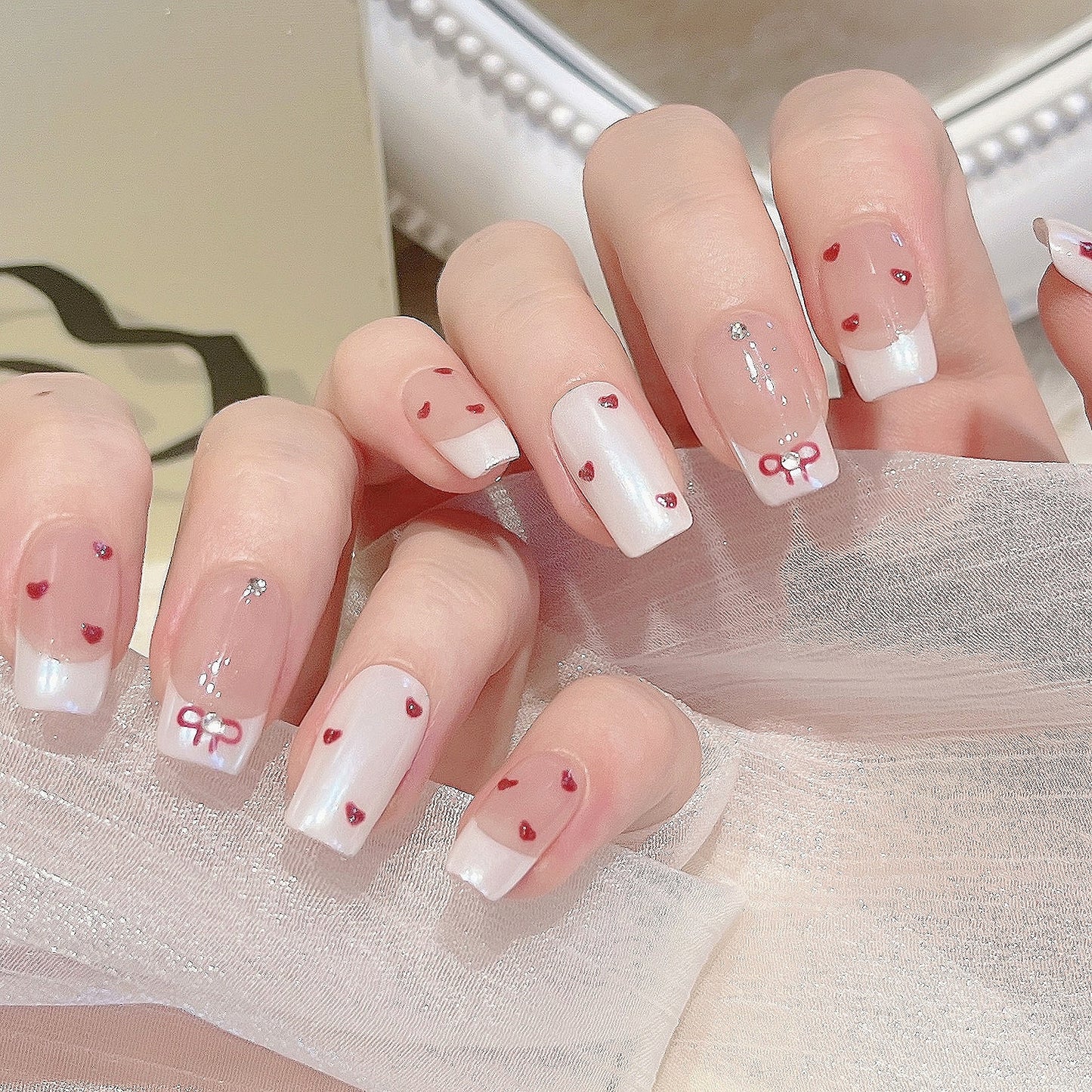 Handmade Pearl White French Red Heart Star Bow Press On Nails Bow Nails Pearl Powder Nails Pearl Whit Nails Cute Nails Nails Christmas Nails