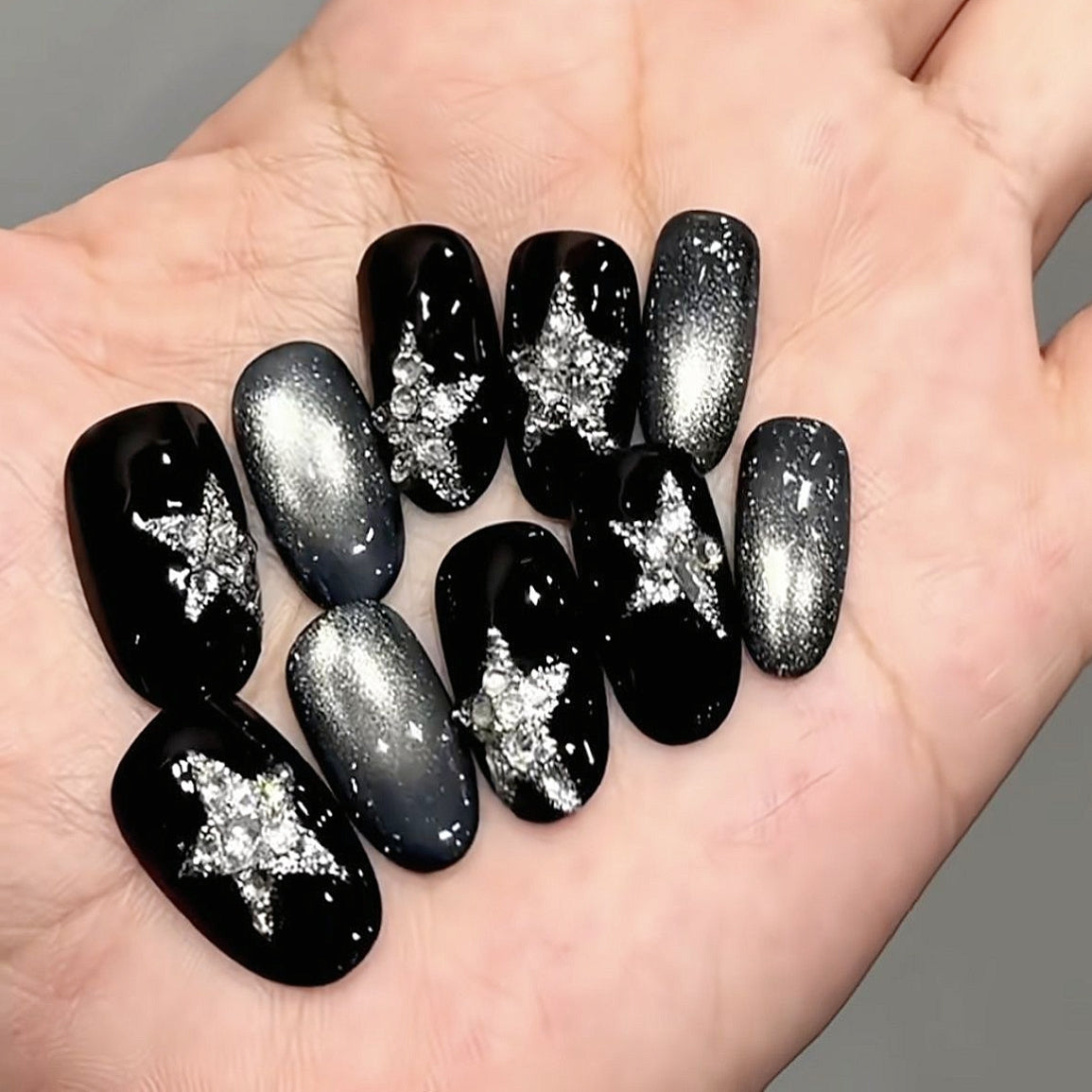 Handmade Black Silver Cat Eye Gem Sliver Star Press On Nails Star Nails Y2K Nails Black Nails Cat Eye Nails