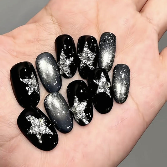 Handmade Black Silver Cat Eye Gem Sliver Star Press On Nails Star Nails Y2K Nails Black Nails Cat Eye Nails