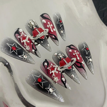 Handmade Black Red Saturn Gem Sliver Star Cross Flame Gothic Metalic Press On Nails Goth Nails Saturn Nails Saturn Press Ons