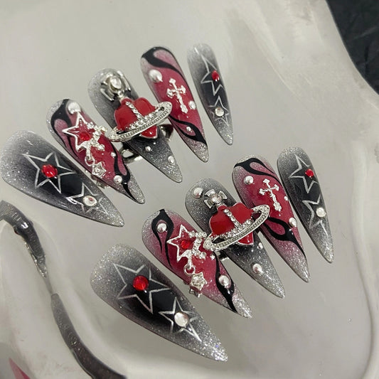 Handmade Black Red Saturn Gem Sliver Star Cross Flame Gothic Metalic Press On Nails Goth Nails Saturn Nails Saturn Press Ons