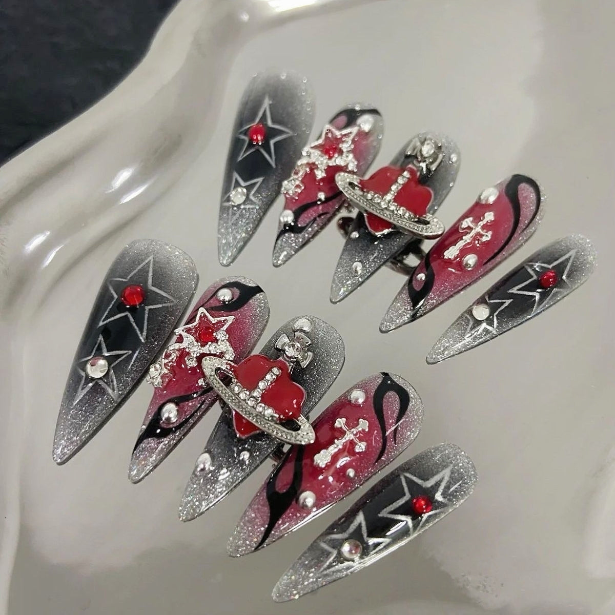 Handmade Black Red Saturn Gem Sliver Star Cross Flame Gothic Metalic Press On Nails Goth Nails Saturn Nails Saturn Press Ons