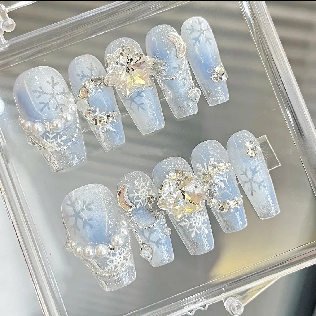 Handmade Winter Snow Blue White Snowflake Press On Nails Snowflake Nails Christmas Nails New Year Nails Winter Nails