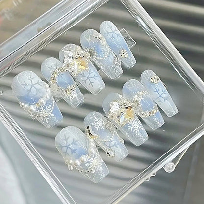 Handmade Winter Snow Blue White Snowflake Press On Nails Snowflake Nails Christmas Nails New Year Nails Winter Nails