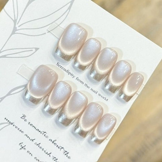 Handmade Light Champagne Golden Mirror Moonlight White French Cat Eye Press On Nails French Nails Cat Eye Nails Metal Mirror Nails