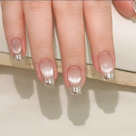 andmade Light Champagne Golden Mirror Moonlight White French Cat Eye Press On Nails French Nails Cat Eye Nails Metal Mirror Nails