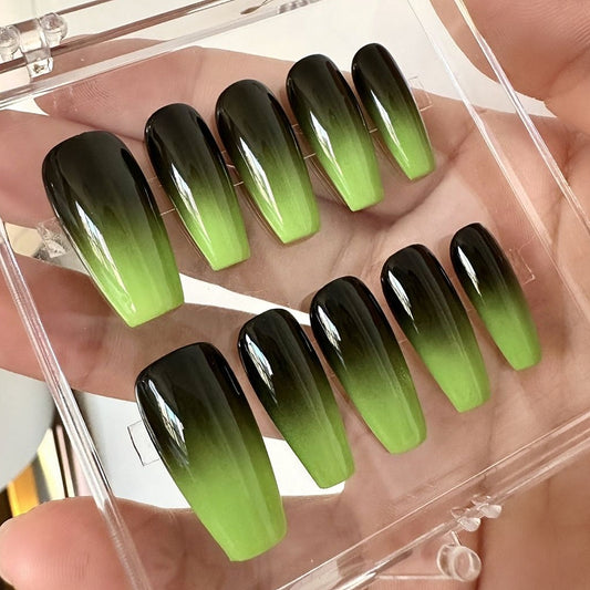Handmade Black Fluorescent Green Ombre Press On Nails Ombre Nails Green Nails Fluorescent Nails Simple Nails St Patrick's Day Nails