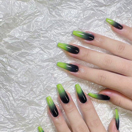 Handmade Black Fluorescent Green Ombre Press On Nails Ombre Nails Green Nails Fluorescent Nails Simple Nails St Patrick's Day Nails