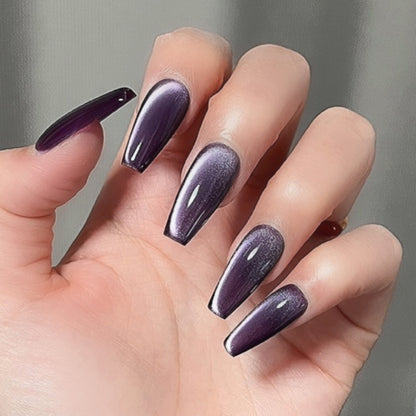 Handmade Dark Purple Cat Eye Press On Nails Side Cat Eye Nails Purple Nails Crystal Nails Glitter Nails