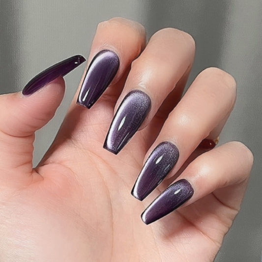 Handmade Dark Purple Cat Eye Press On Nails Side Cat Eye Nails Purple Nails Crystal Nails Glitter Nails