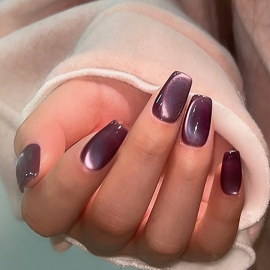 Handmade Dark Purple Cat Eye Press On Nails Side Cat Eye Nails Purple Nails Crystal Nails Glitter Nails