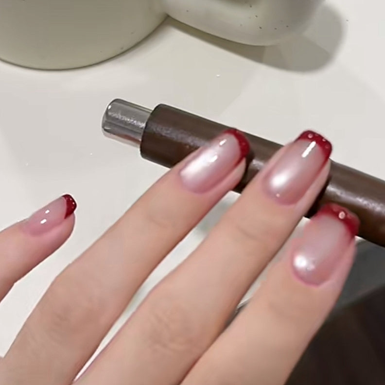 Handmade Red French Moonlight Glass Bead Cat Eye Press On Nails Christmas Nails Custom Size Nails