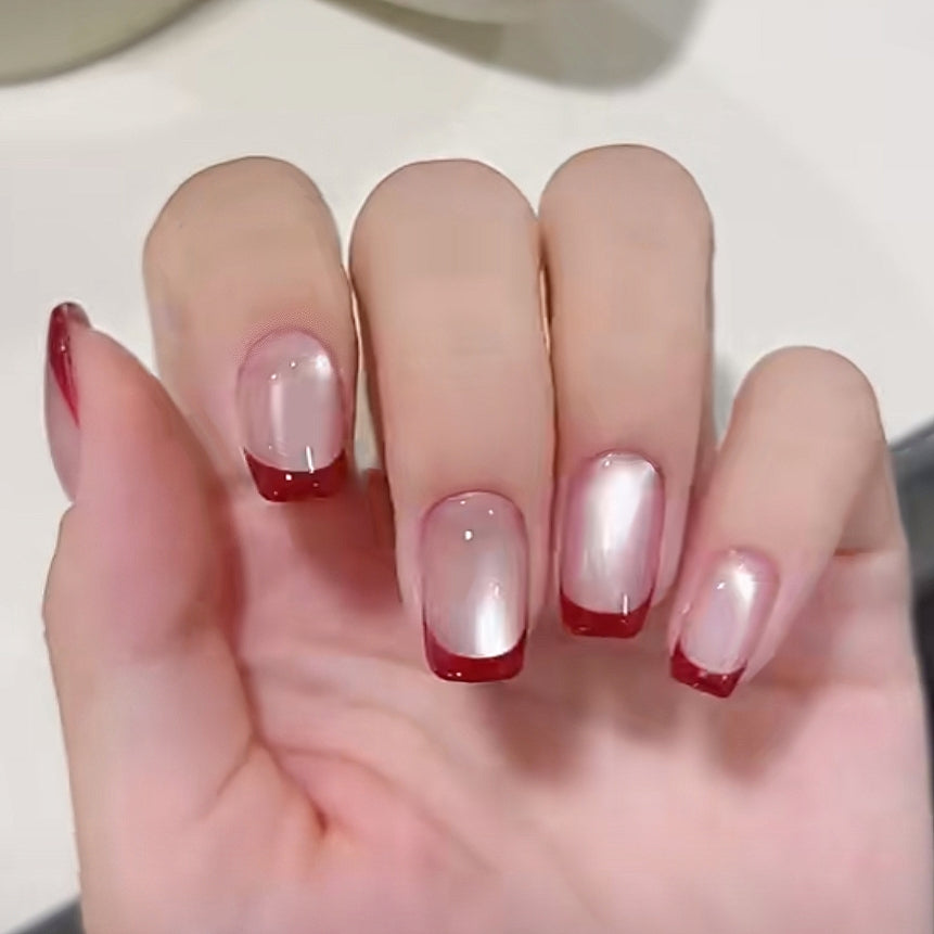 Handmade Red French Moonlight Glass Bead Cat Eye Press On Nails Christmas Nails Custom Size Nails
